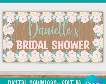 Floral Bridal Shower Banner, Pastel Wedding Decor, Editable Canva Template (Digital Download)