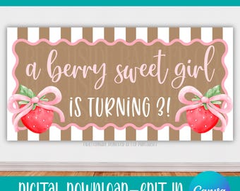 Strawberry Berry First Birthday Banner, Coquette Pink Bow Decor (Digital Download)