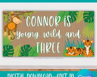Jungle Birthday Banner, Young Wild Three Safari Decor (Digital Download)