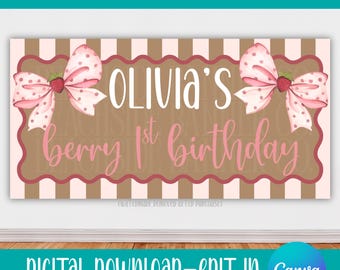 Berry First Birthday Banner, Strawberry Coquette Decor (Editable Canva Template)