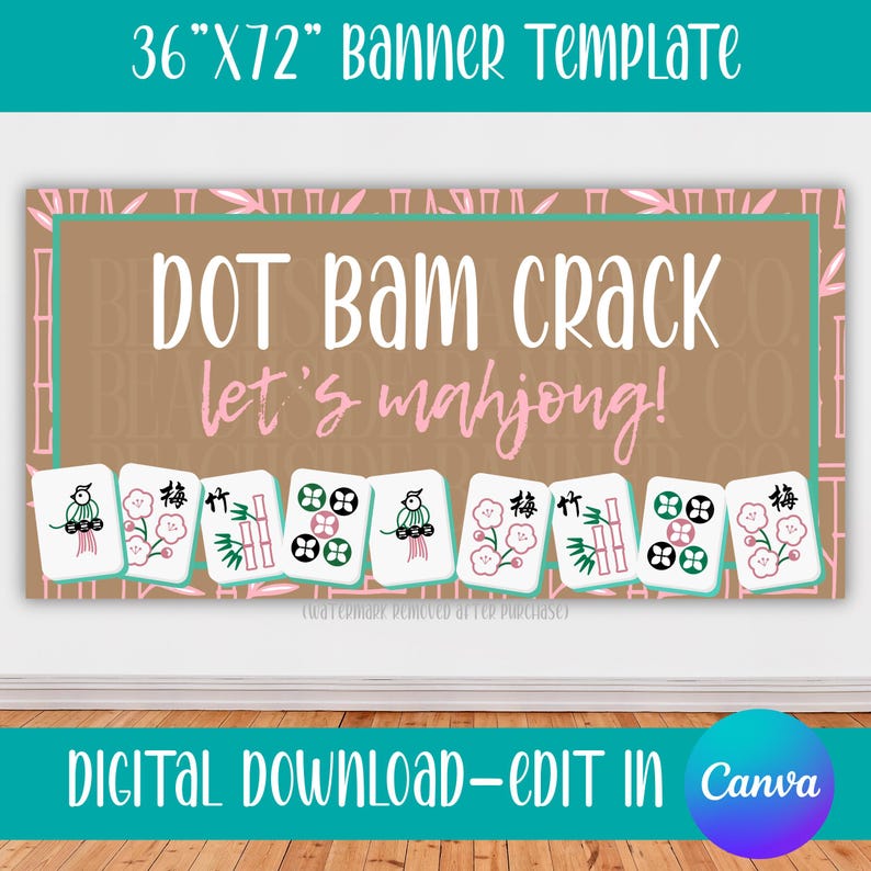 Mahjong Party Banner, Girls Night Game Sign (Editable Canva Template) image 1