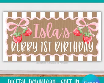 Berry First Birthday Banner, Strawberry Coquette Decor (Editable Canva Template)
