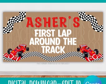 Race Car Birthday Banner, First Lap Around Track Party Decor (Digital Download)