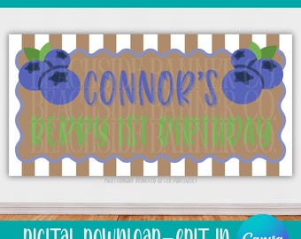 Customizable Berry First Birthday Banner, Blueberry Birthday Decor (Editable Canva Template)