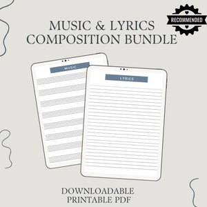 May include: A digital composition bundle featuring two tablets. One tablet displays musical staff lines, labeled "MUSIC," and the other displays lined paper, labeled "LYRICS." The text "MUSIC & LYRICS COMPOSITION BUNDLE" and "DOWNLOADABLE PRINTABLE PDF" are also present.