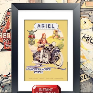 Puede incluir: Anuncio vintage enmarcado de motocicletas Ariel. El póster presenta a una persona montando una motocicleta negra con el logotipo de Ariel y el texto "The Modern Motor Cycle". El fondo es amarillo con un paisaje.