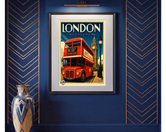 Puede incluir: Un póster de viaje enmarcado que muestra un autobús rojo de dos pisos en Londres, Inglaterra. La ilustración incluye el texto LONDON ENGLAND, una torre del reloj y una farola. El póster se exhibe en un marco negro sobre una pared azul oscuro.