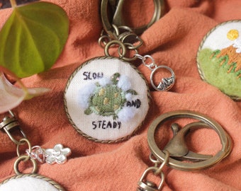 Slow and Steady Wins Vintage Hand Embroidered Keychain