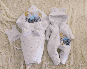 babymousseline (100% katoen) romper, deken en muts pasgeboren, cadeau babyset, ziekenhuisvoorbereiding, envelopdeken voor pasgeboren