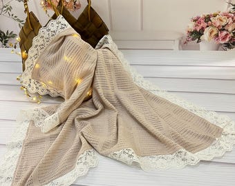 Handmade Lightweight Summer Baby Beige Blanket with Lace and Muslin Ruffles