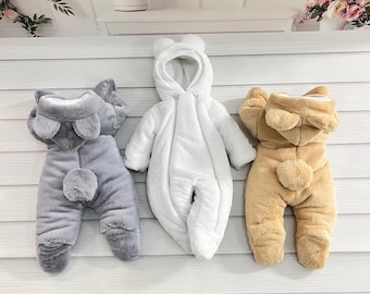 Baby Faux Fur Teddy Bear Romper: Cozy Fleece-Lined Winter Outfit.