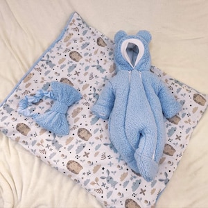 Soft cuddly blue wrap and newborn baby boy blue romper. Coming home outfit.  Newborn blanket, newborn romper. Newborn gift set.
