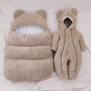 Newborn Teddy Fur Outfit: Beige Baby Romper & Sleeping Bag
