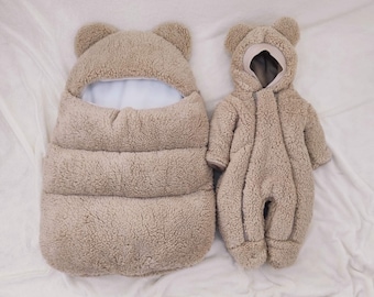 Newborn Teddy Fur Outfit: Beige Baby Romper & Sleeping Bag