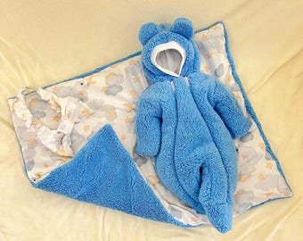 Blue Teddy Fur Baby Blanket & Onesie Set