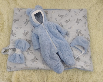 baby fur teddy romper, blanket and hat for a newborn, gift baby set, hospital preparation, newborn blanket, baby girl, baby boy,  pregnat