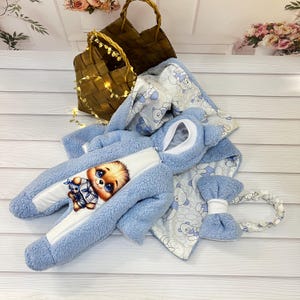 Soft cuddly blue wrap and newborn baby boy blue romper. Coming home outfit.  Newborn blanket, newborn romper. Newborn gift set.