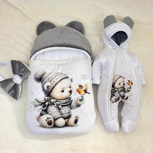 Newborn Outfit Set: Waterproof Romper & Sleeping Bag, Winter Bear Print