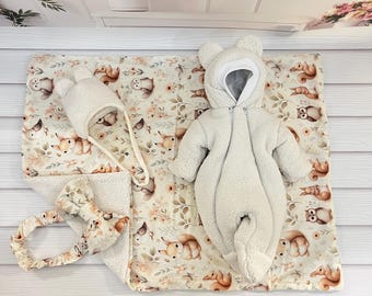 Teddy Fur Baby Clothes Set: Newborn Blanket, Jumpsuit & Hat