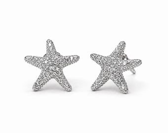 Starfish Stud Earrings, Sterling Silver Sea Star Earrings, CZ Starfish Earrings, Nautical Beach Jewelry