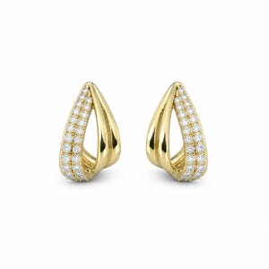 May include: A pair of gold hoop earrings featuring a teardrop-shaped design. Each earring consists of two interlocking loops, with one loop encrusted with small, clear, round-cut stones and the other loop featuring a smooth, polished gold finish.