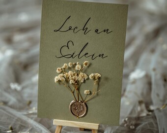 Sage Green Wedding Table Signs, Gypsophila, Rustic Botanical Personalised Table Names or Numbers, A5 Wedding Table Decor: The Culross Suite
