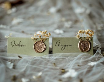 Sage Green Wedding Place Cards, Rustic Botanical Personalised Place Names with Wax Seal & Gypsophila, Wedding Table Decor: The Culross Suite
