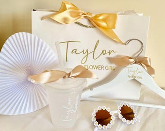 Flower Girl Personalised Gift Set | Cold Cup, Hanger, Sunglasses, Fan, Gift Bag | White & Gold | Proposal | Wedding