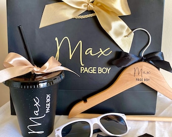 Page Boy Personalised Gift Set | Cold Cup, Hanger, Sunglasses, Bow Tie, Gift Bag | Black & Gold | Proposal | Wedding