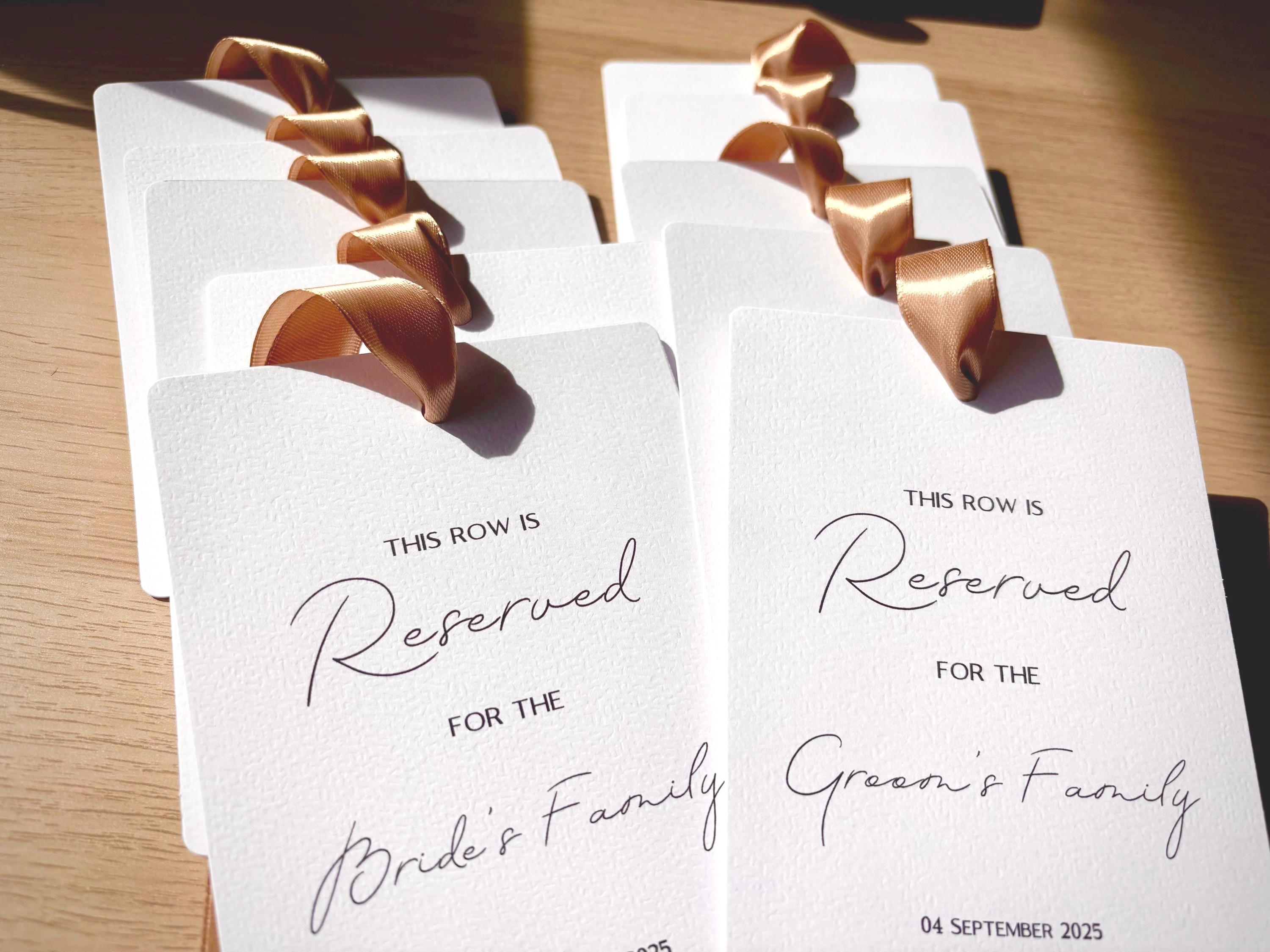 Wedding Row Reservation Signs/Tags | Hammered White Card with Satin Ribbon | Personalised | Wedding Ceremony