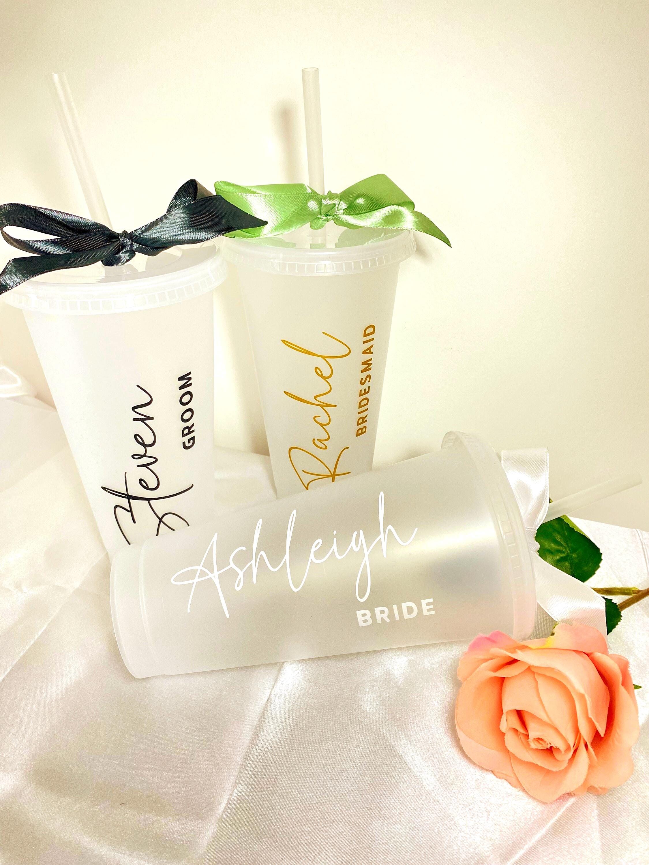 Personalised 24oz Bridal Party Cold Cup – Custom Name and Role Vinyl Decal • BPA‑Free with Satin Bow • Bridesmaid, Maid of Honour & Groom