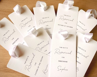 Wedding Seat Reservation Signs/Tags | Hammered White Card with Satin Ribbon | Personalised | Wedding Ceremony