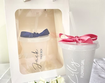 Flower Girl/Page Boy Personalised Cold Cup with Gift Bag | Wedding Bridal Party Gift | Kids | 16oz BPA Free | Satin Ribbon Bow