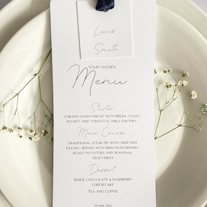 Personalised Wedding Menu & Place Card Set – Hammered White Card with Satin Ribbon