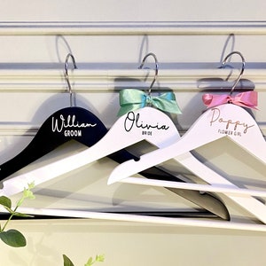 Personalised Wedding Hangers | Bridal Party Gifts | Bride, Groom, Bridesmaid | White, Black, Child Wooden Hanger | Wedding Dress Hangers