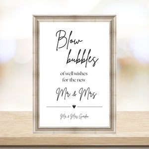 Letrero de boda "Blow Bubbles" / Personalizado / Monocromo, Blanco y Negro / A6, A5 o A4 / Impresión física