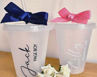Personalised Flower Girl / Page Boy Cold Cup: Glitter Cup with Satin Bow