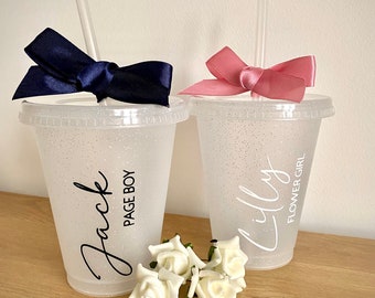 Flower Girl / Page Boy Personalised Cold Cup | 16oz BPA Free Cold Cup with Lid & Straw | Clear Glitter Frosted | Gift | Satin Ribbon Bow