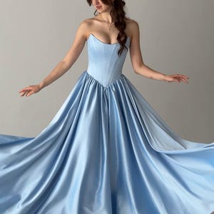 White or Blue Modest Wedding Dress, V-waist Wedding Dress, Corset Satin Wedding Dress, Princess Wedding Dress