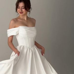 Basque Waist Fairy Wedding Dress, Midi Simple Wedding Dress, Modest Wedding Dress, Corset Wedding Dress, Tea Length Fantasy Wedding Dress