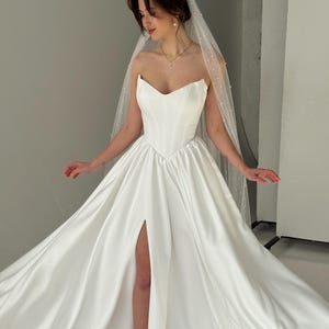 A-Line Corset Wedding Dress, Removable Sleeves, Slit Skirt