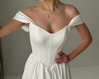 Corset Wedding Dress, Fairy Wedding Dress, A-line Modest Wedding Dress, V-waistline Boho Wedding Dress, Off The Shoulder Wedding Dress