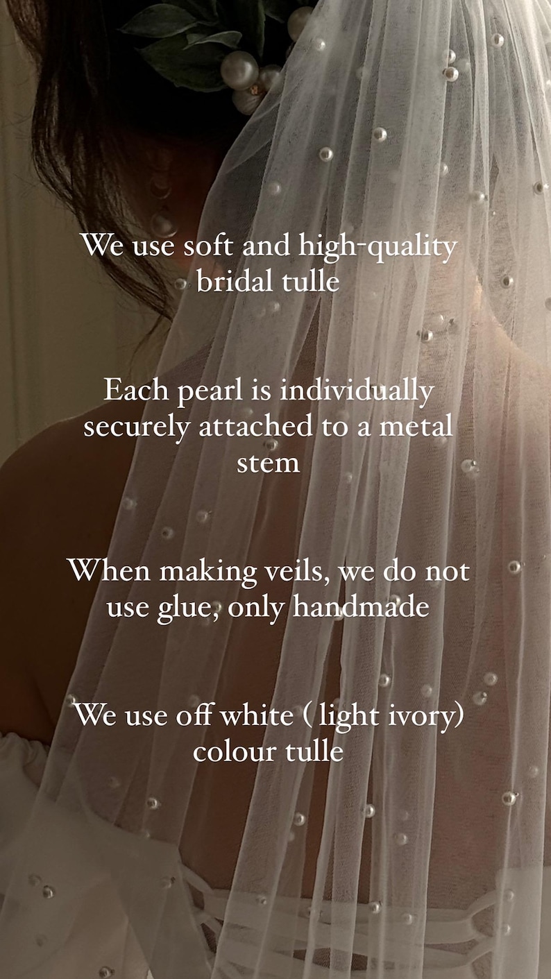 May include: Off-white bridal tulle veil with individually attached pearls.  The pearls are securely attached to metal stems; no glue is used. Handmade. Light ivory color tulle.  Product details describe soft, high-quality bridal tulle.