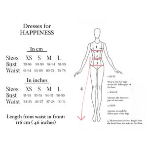 May include: Dress size chart in centimeters and inches, showing measurements for bust and waist in XS, S, M, and L sizes.  A diagram illustrates how to measure bust, waist, and hip circumference, along with the desired dress length from the waist.  The chart also includes the length from waist to floor: 116 cm (46 inches).