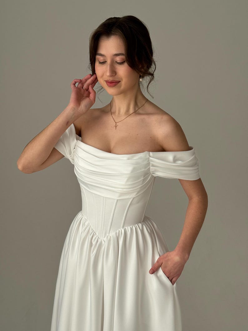 Fairy Wedding Dress, Basque Waist Wedding Dress, Modest Midi Wedding Dress, Simple Corset Wedding Dress, Tea Length Fantasy Wedding Dress image 12