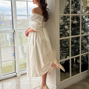 Cottagecore wedding dress, casual tea length wedding dress, plus size modest wedding dress, simple cotton midi wedding dress
