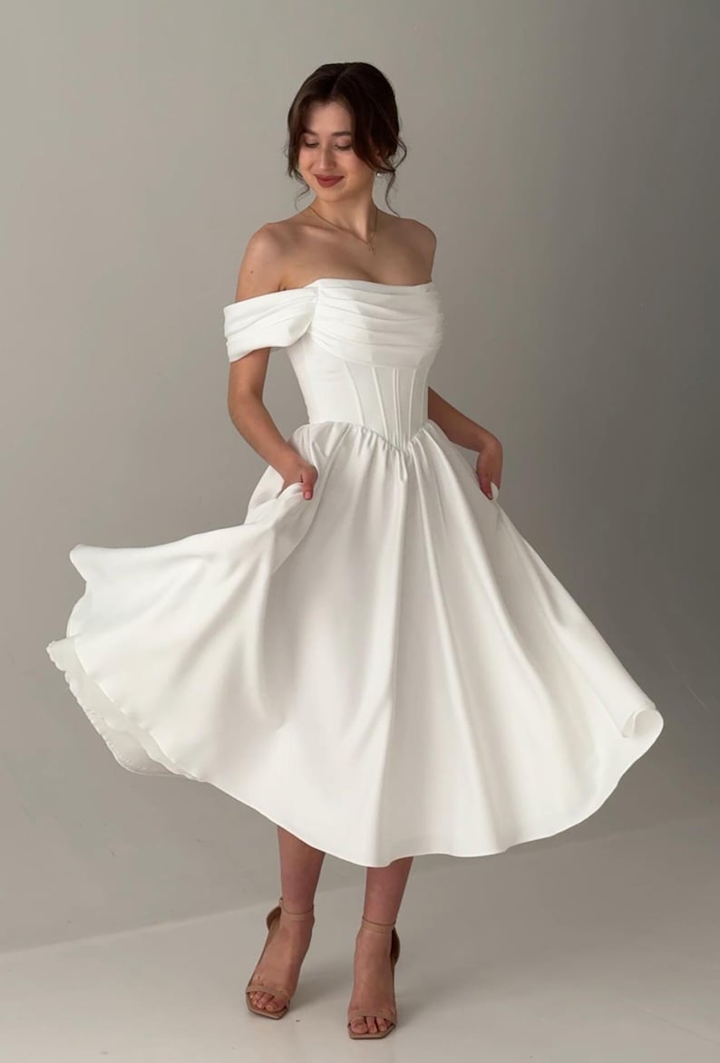 Basque Waist Fairy Wedding Dress, Midi Simple Wedding Dress, Modest Wedding Dress, Corset Wedding Dress, Tea Length Fantasy Wedding Dress