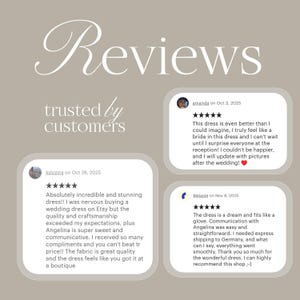 May include: A beige graphic with the word "Reviews" in a script font. Below, the text "trusted by customers" is displayed. Three customer reviews are shown, each with a five-star rating and customer comments.
