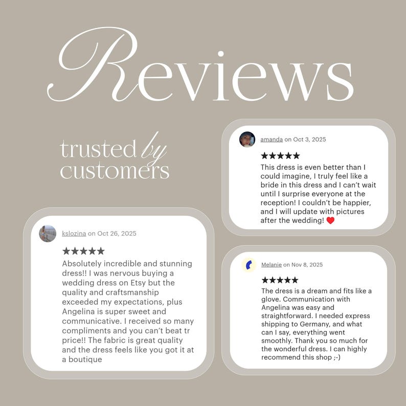 May include: A beige graphic with the word "Reviews" in a script font. Below, the text "trusted by customers" is displayed. Three customer reviews are shown, each with a five-star rating and customer comments.
