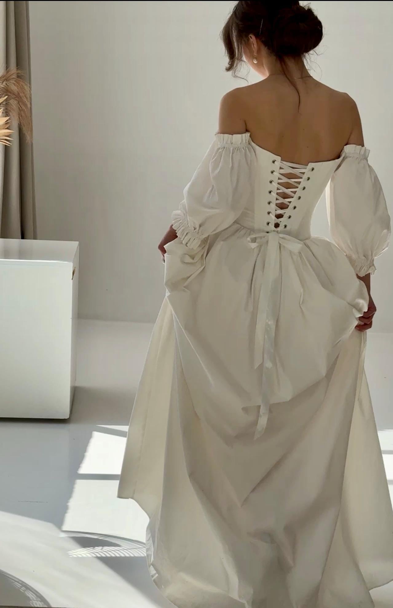 modern renaissance wedding dress Renaissance Cotton Corset Wedding Dress: Low Waist Fairy Princess